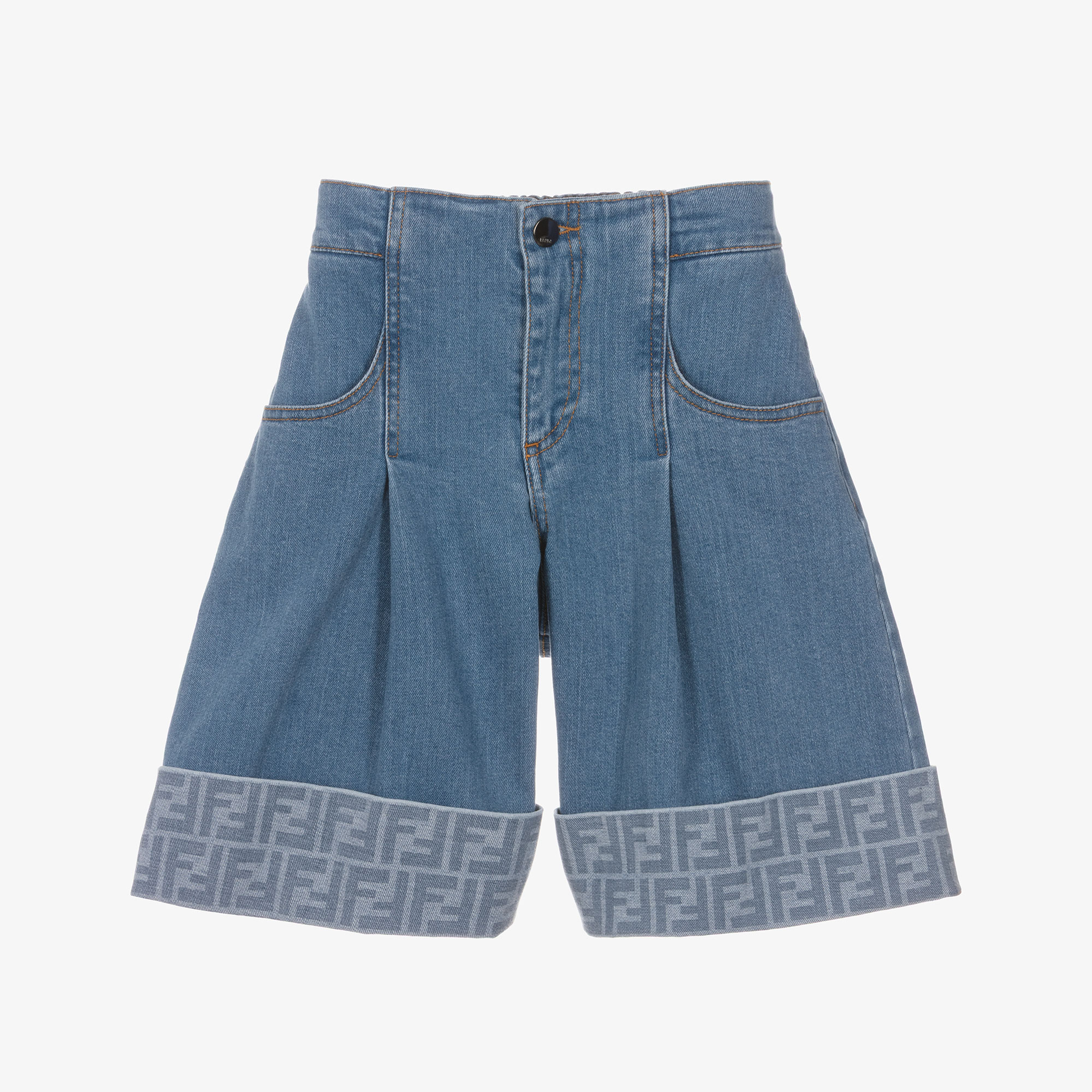 Fendi - Girls Blue Denim Shorts with FF Logo Turn Ups | Childrensalon