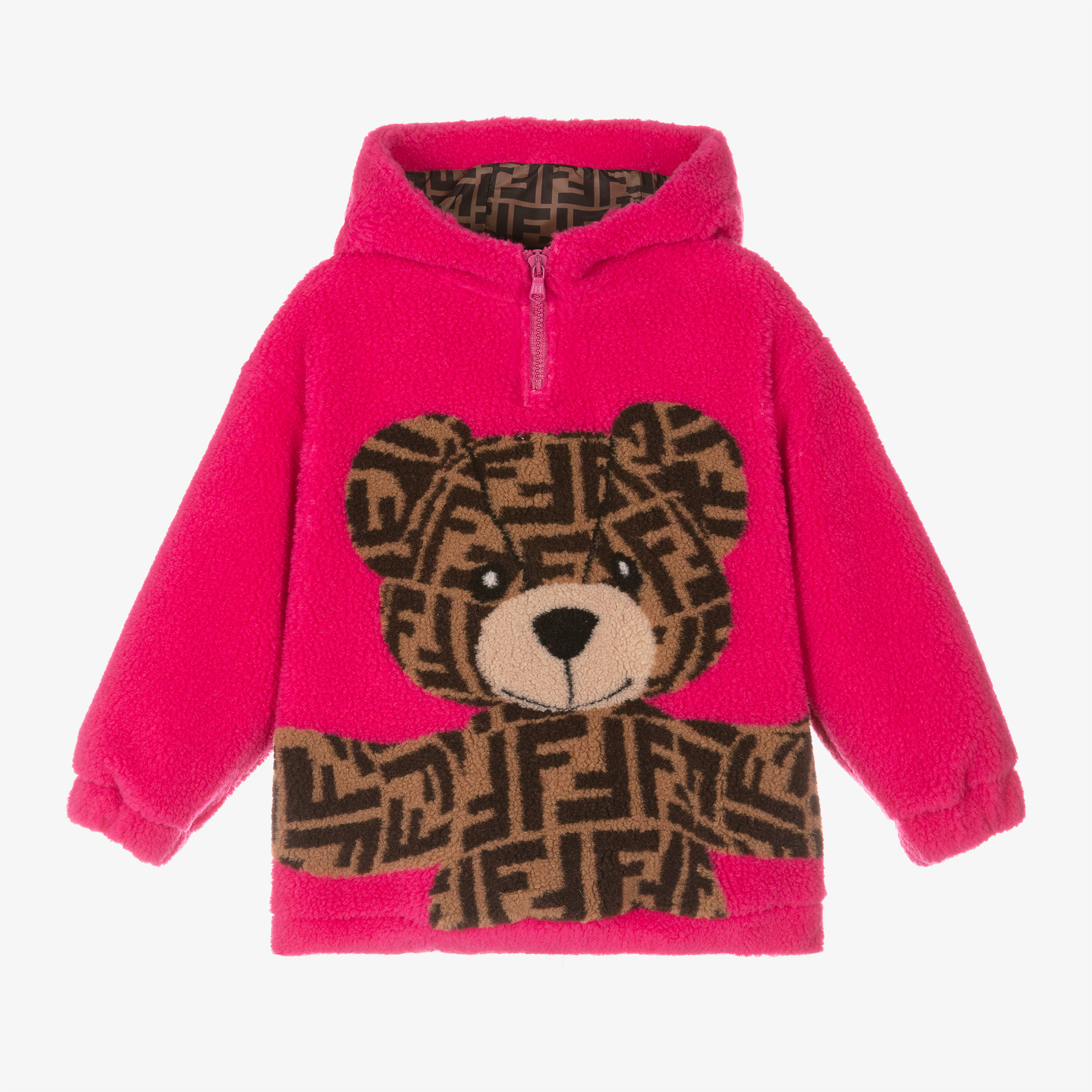 Fendi Girls Fuchsia Pink FF Teddy Bear Hoodie - Main Image