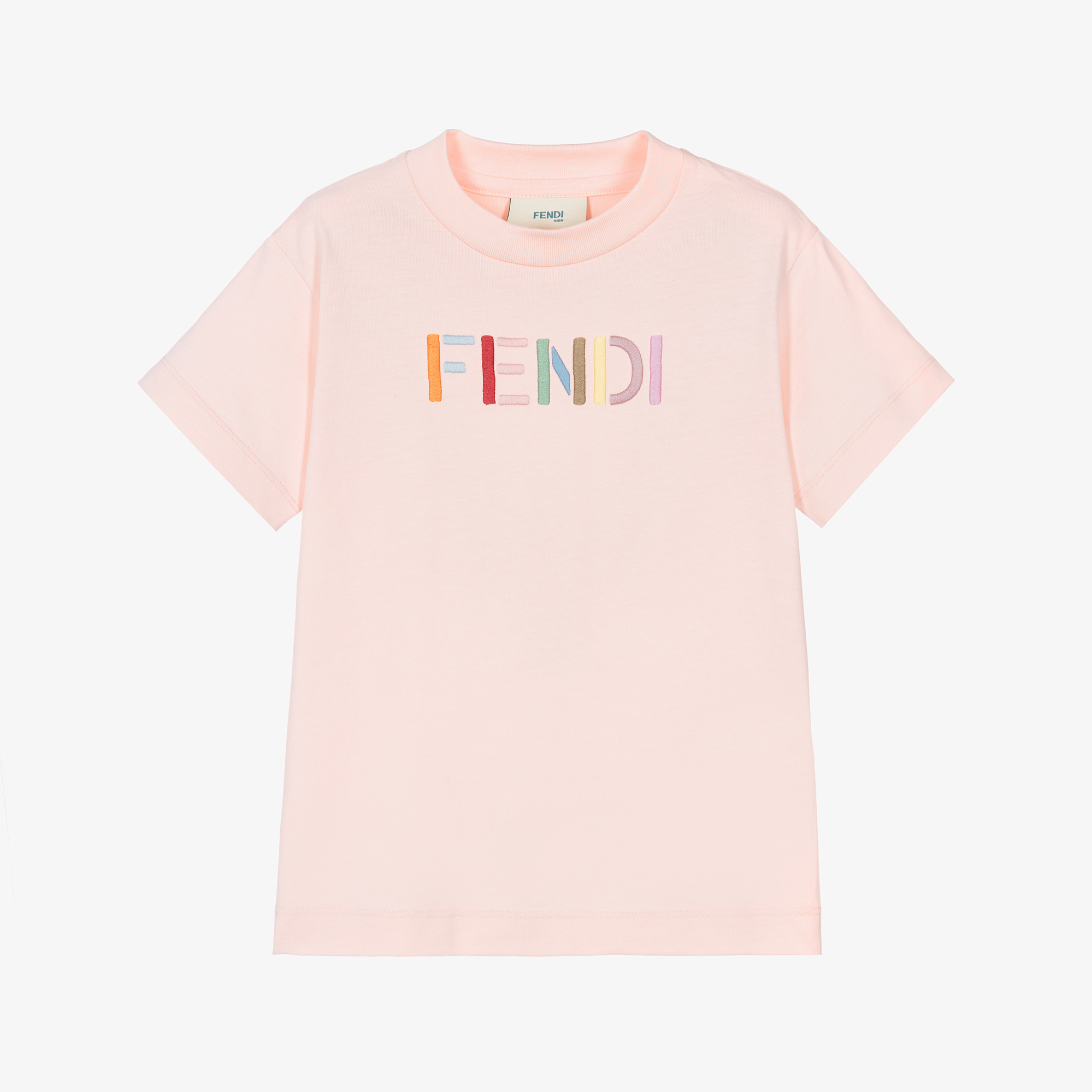 FENDI ピンクTシャツ Fendi - Girls Pink Cotton Crew Neck T-Shirt with Colourful Logo