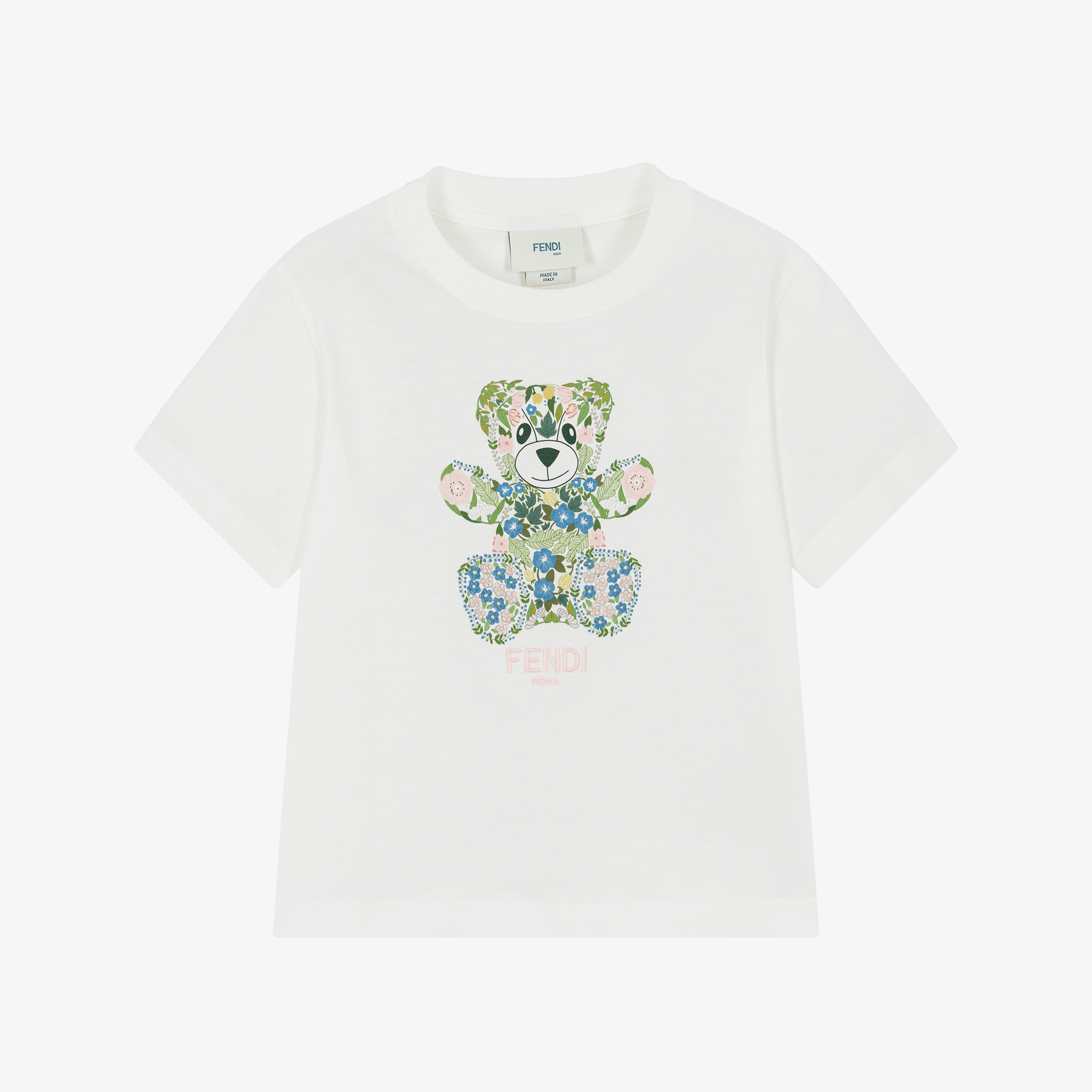 Fendi - Girls White Cotton Floral Teddy Bear T-Shirt | Childrensalon