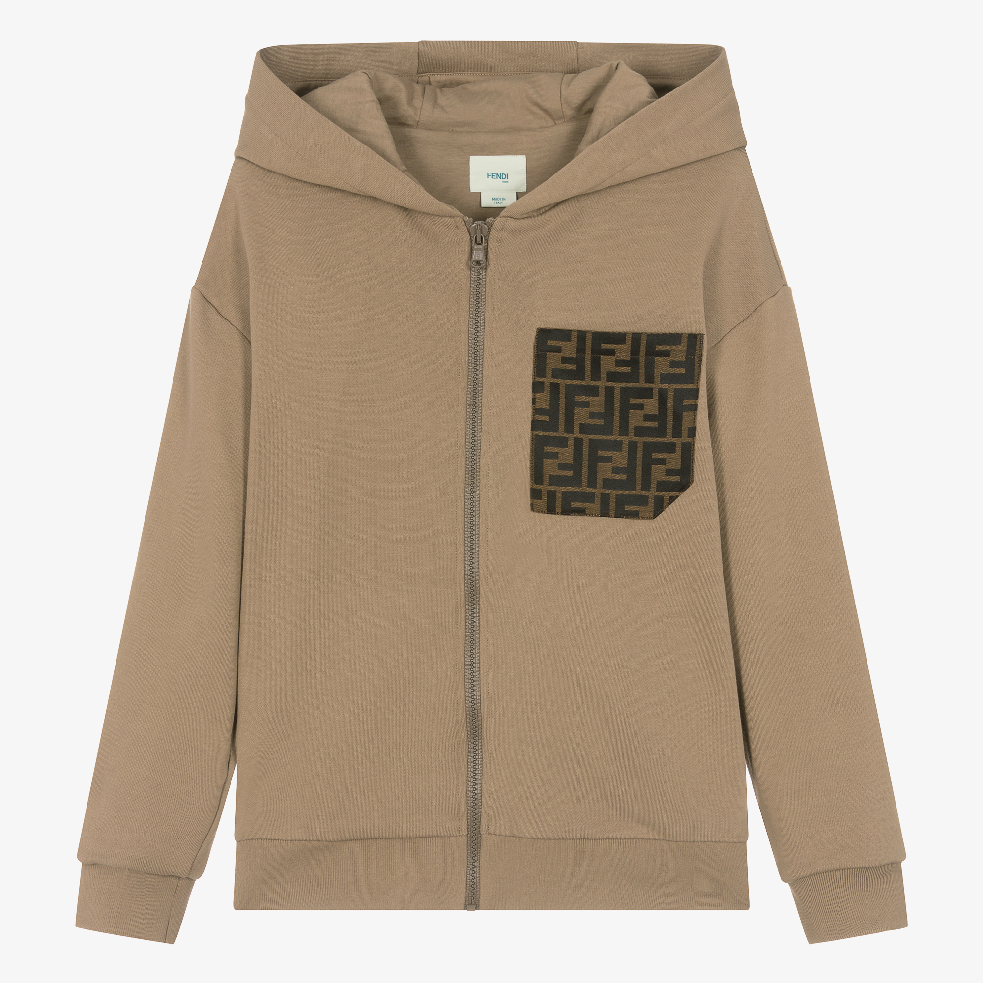 Fendi - Teen Boys Beige Cotton FF Logo Zip-Up Top