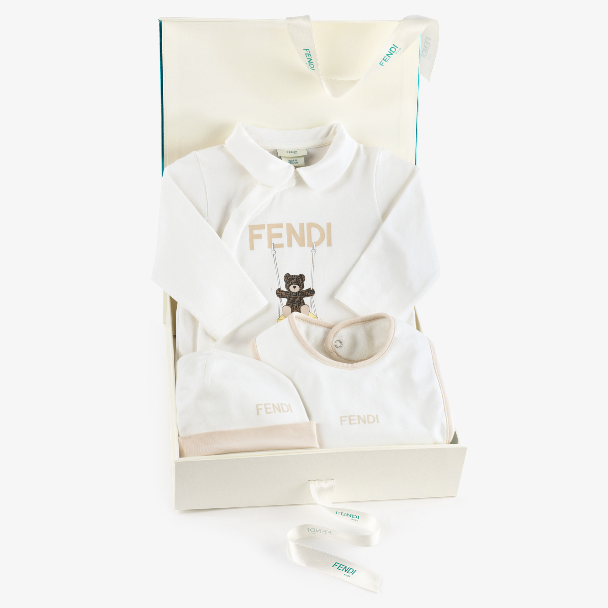Fendi - White Cotton Babysuit Gift Set with Fendi Bear | Childrensalon