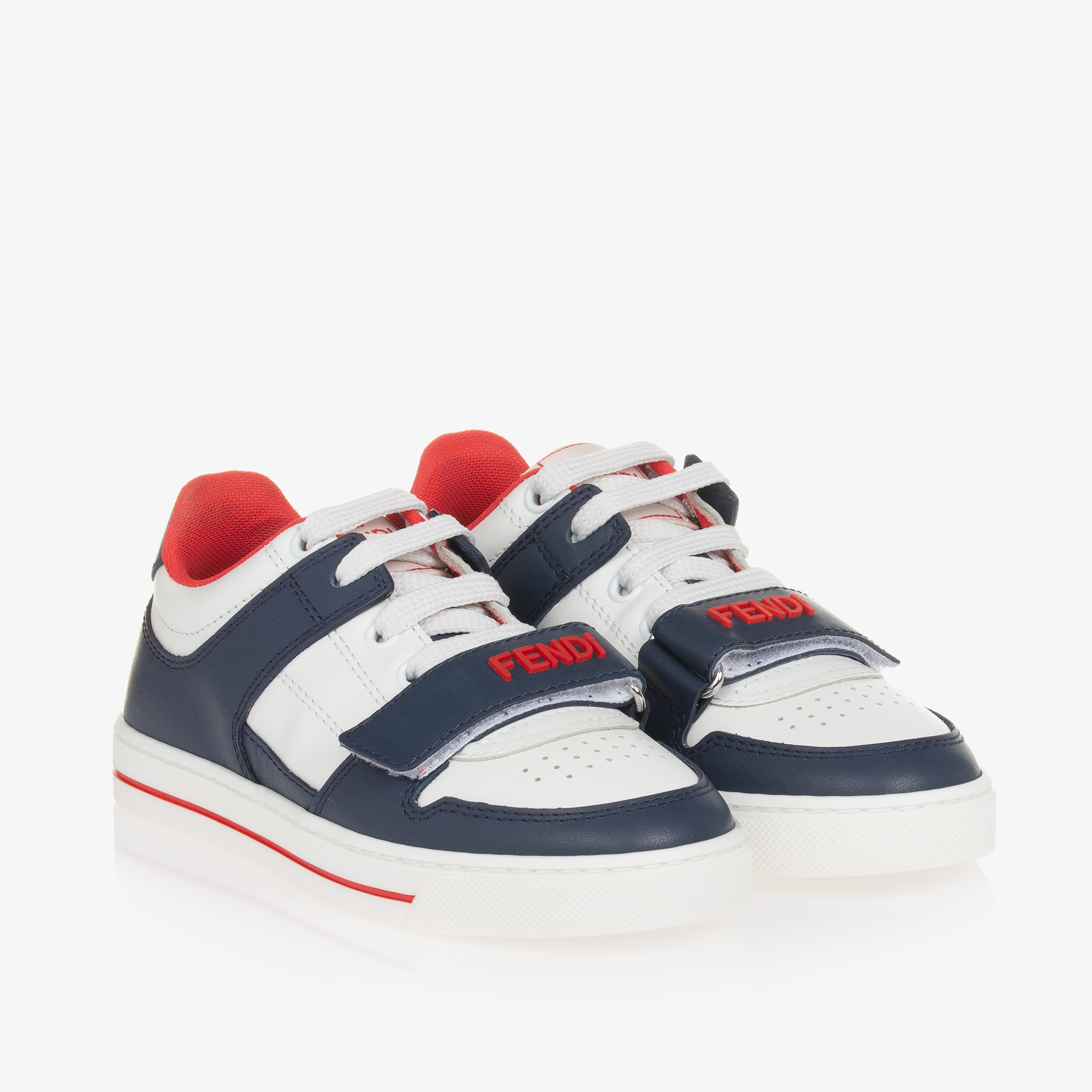 Fendi White Navy Blue Leather Trainers