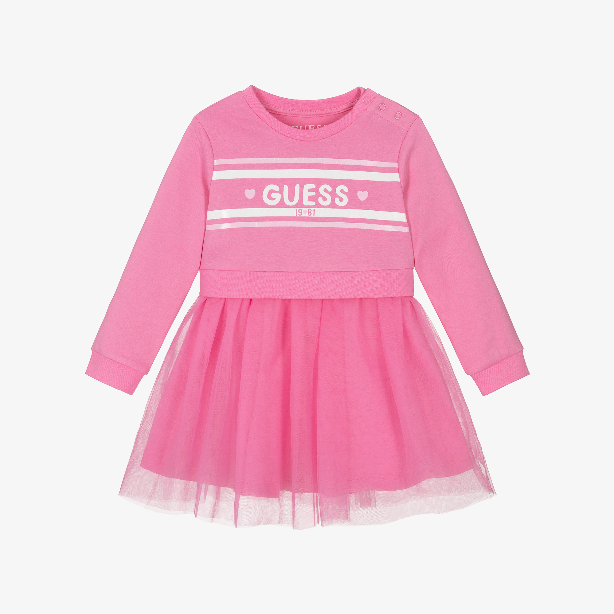 Guess - Baby Girls Pink Cotton \u0026 Tulle Glittery Logo Dress | Childrensalon