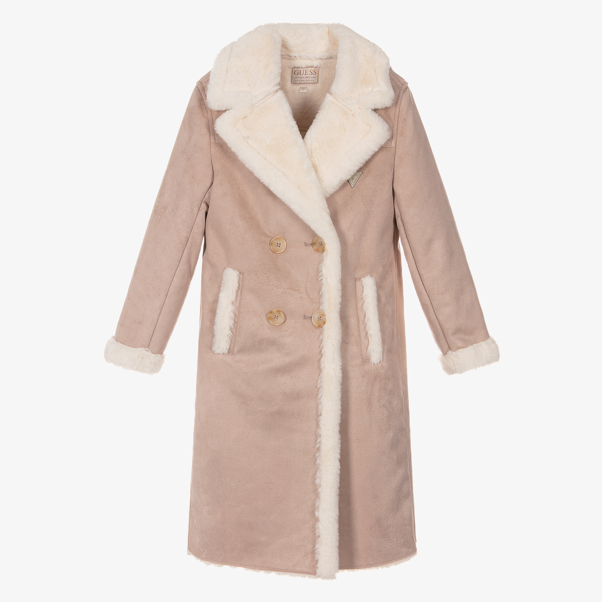 Guess Junior Girls Pink Faux Suede Leather Coat with Faux Fur