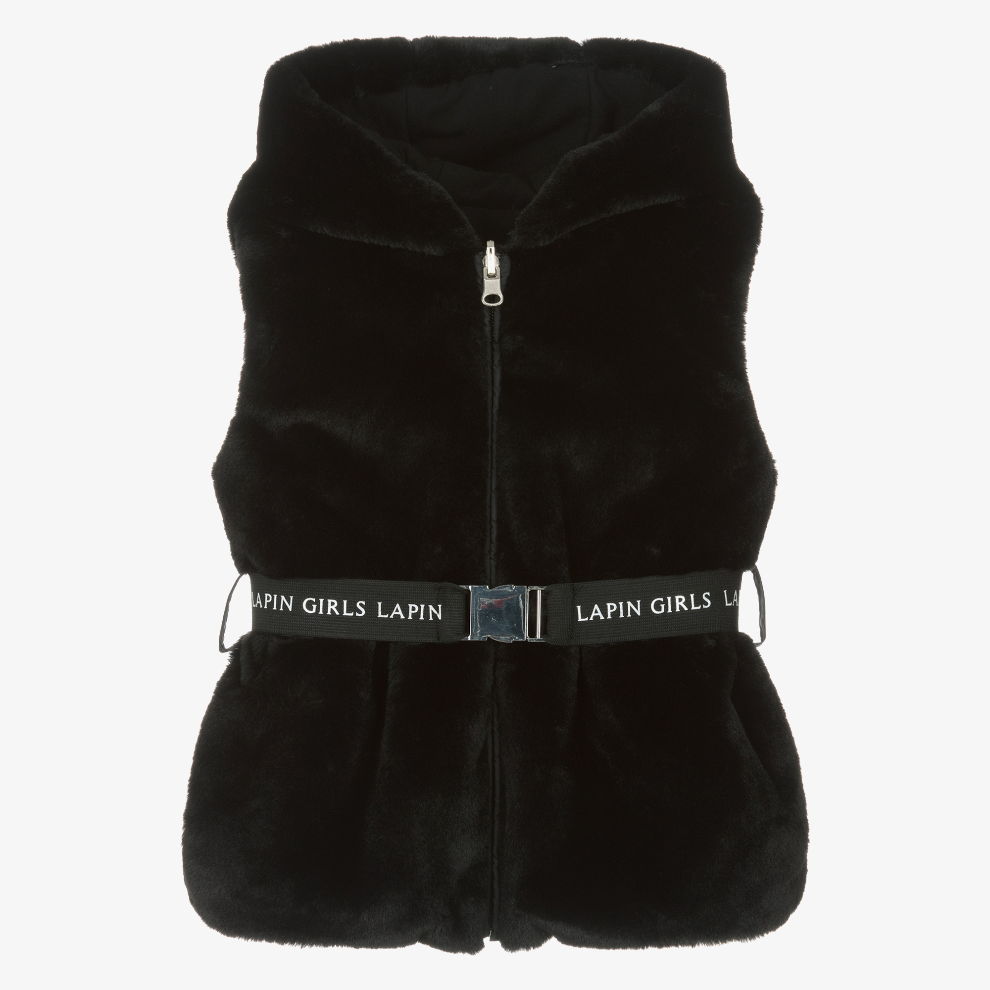 Lapin House Girls Black Faux Fur Gilet with Hood Logo Belt