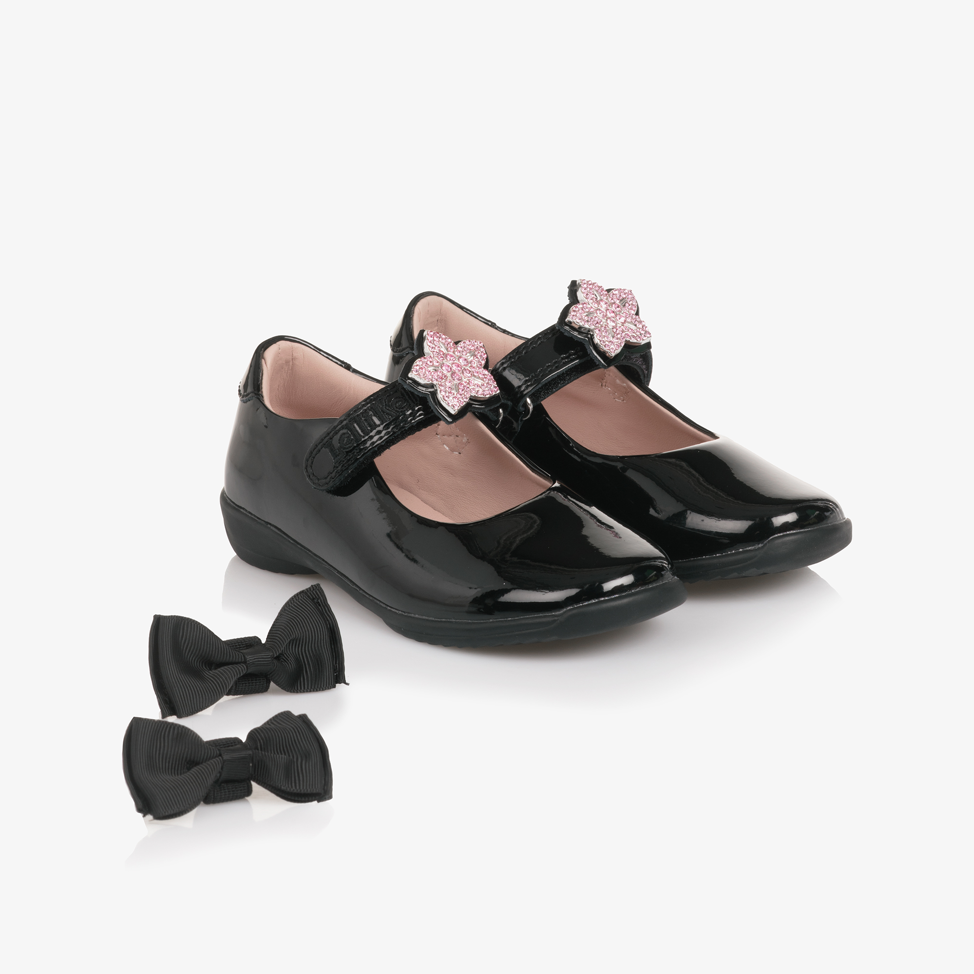 Lelli Kelly Girls Black Patent Leather Shoes with Pink Diamante