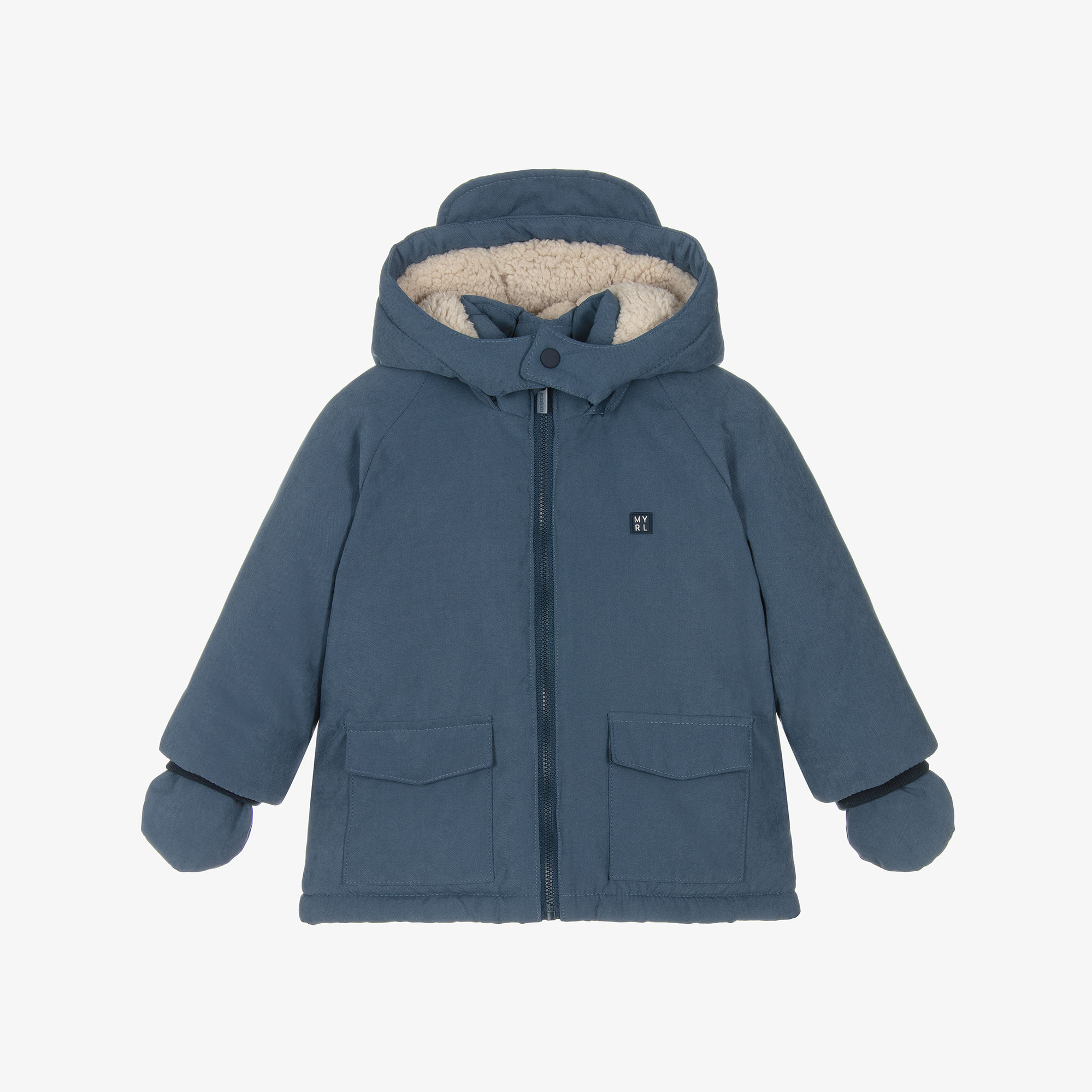 Mayoral Boys Blue Fleece-Lined Hooded Coat with Mittens