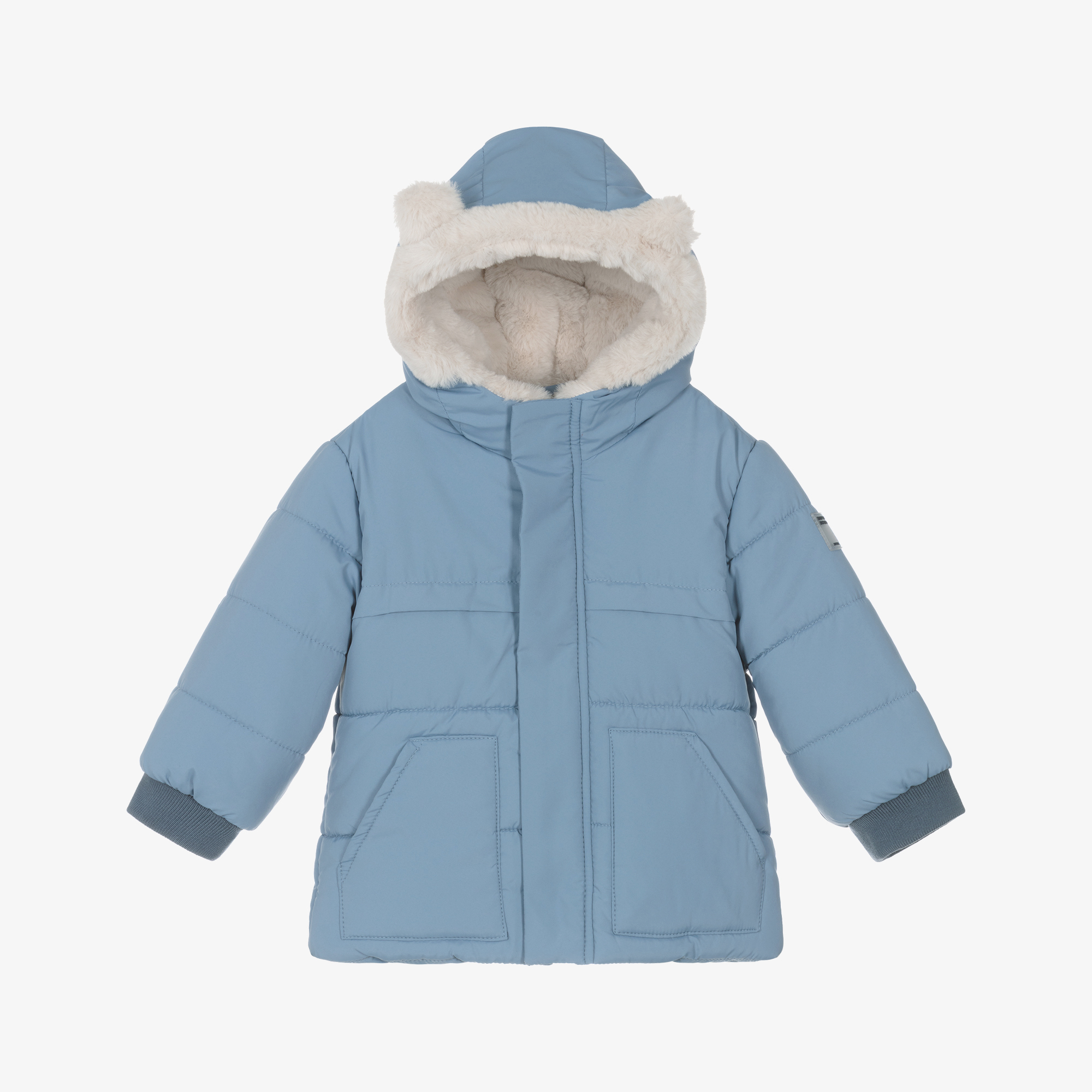 Mayoral Boys Blue Hooded Puffer Coat with Faux Fur 3D Ears