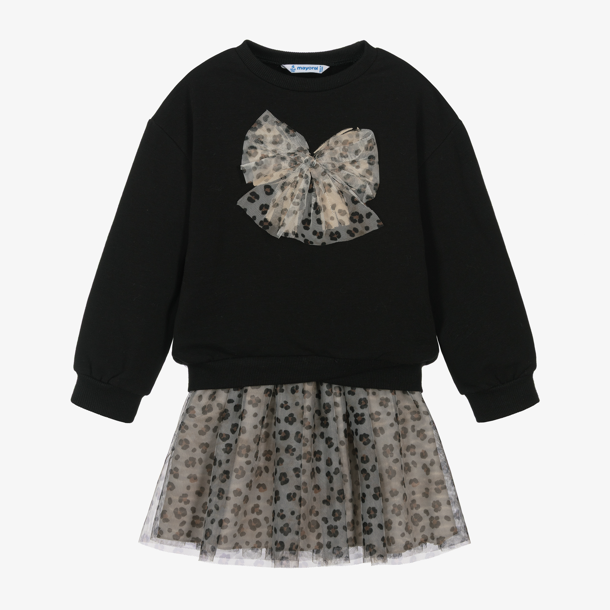 Mayoral Girls Black Beige Leopard Print Tulle Skirt Set