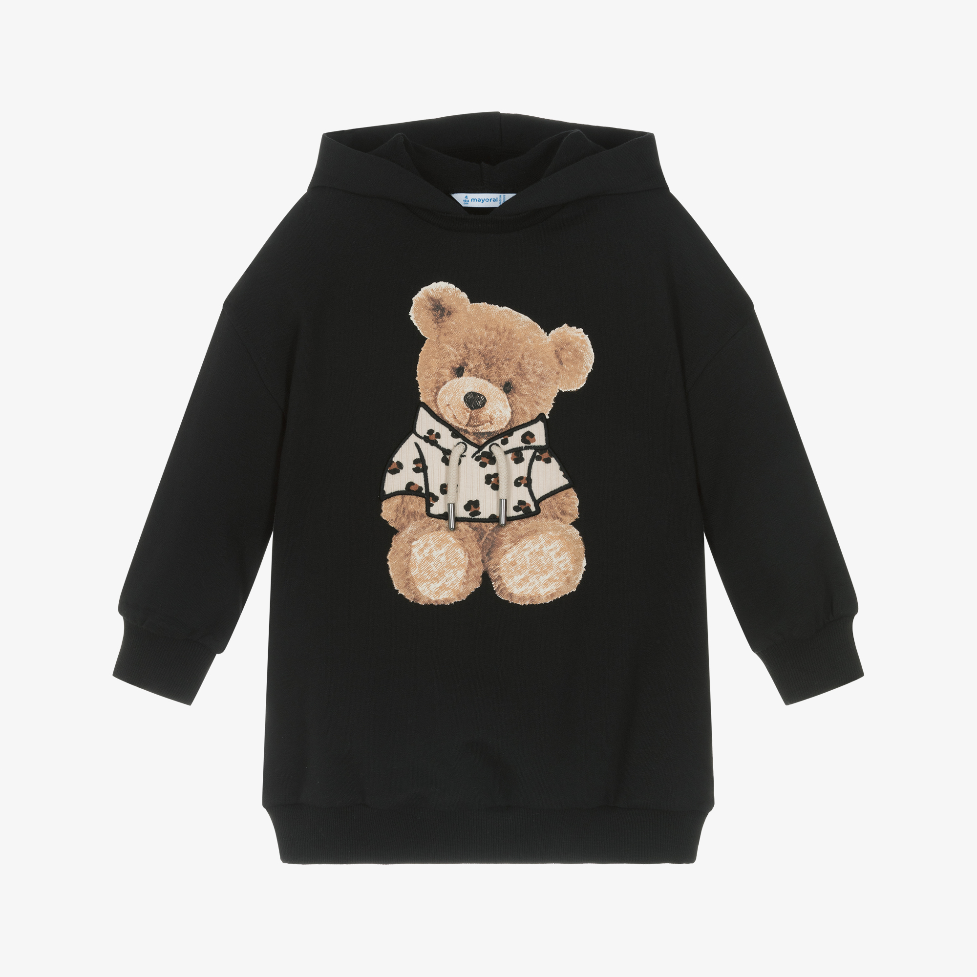 Mayoral Girls Black Cotton Teddy Bear Hoodie Dress Childrensalon