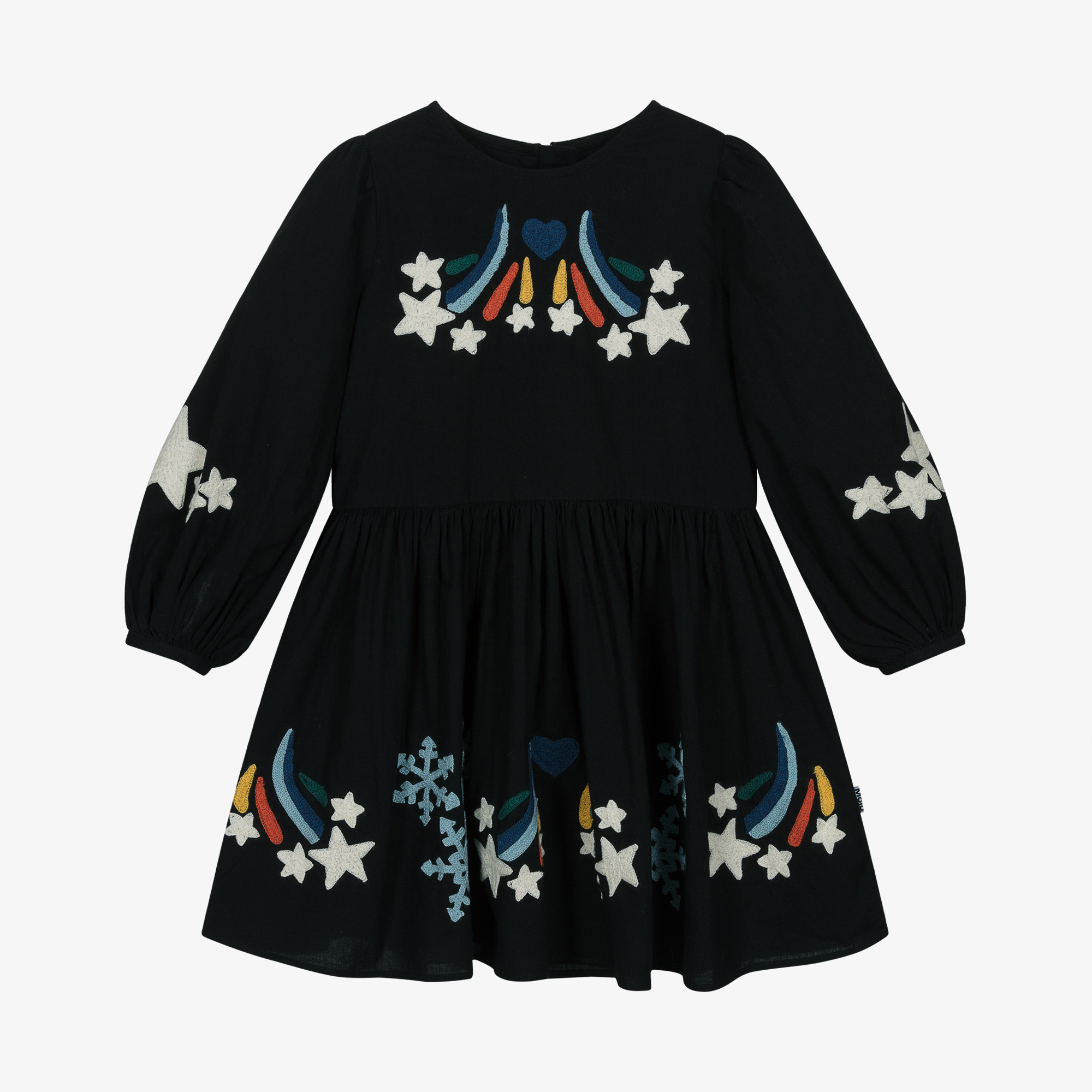 Molo Girls Black Cotton Dress with Shooting Star Embroidery