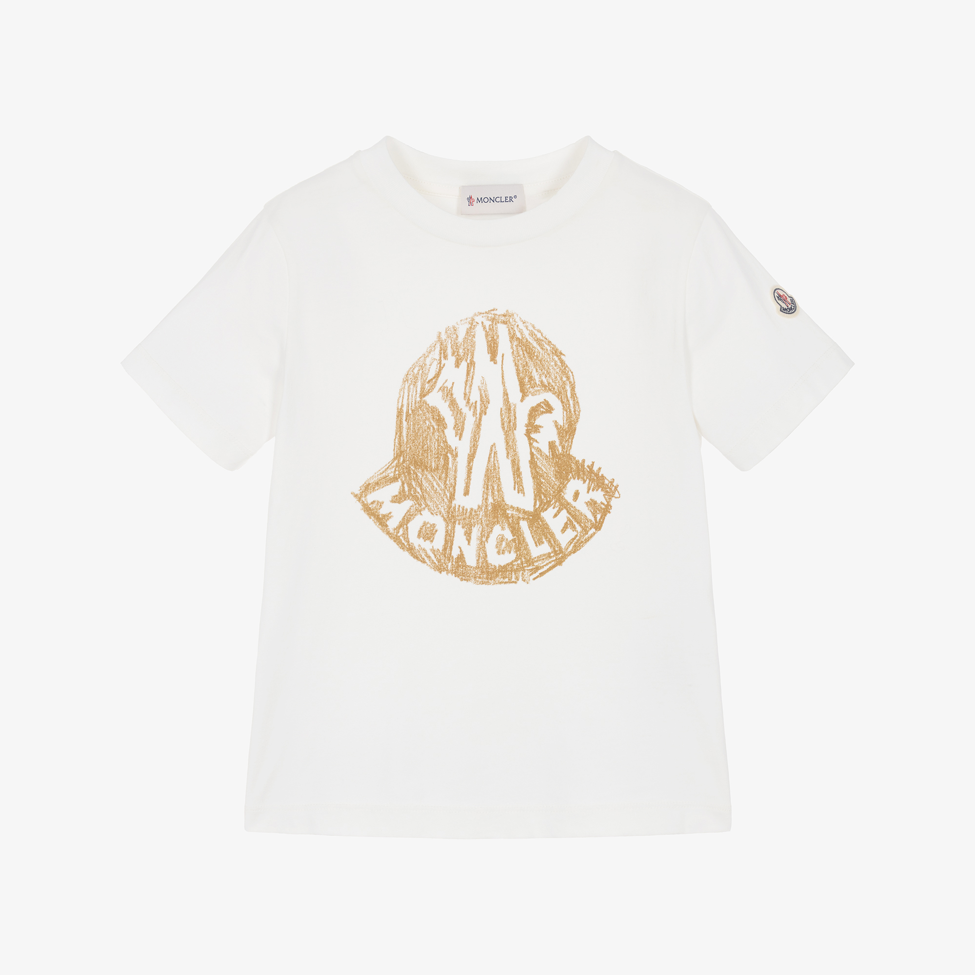 Moncler Enfant - Boys White Cotton T-Shirt with Beige Logo Print