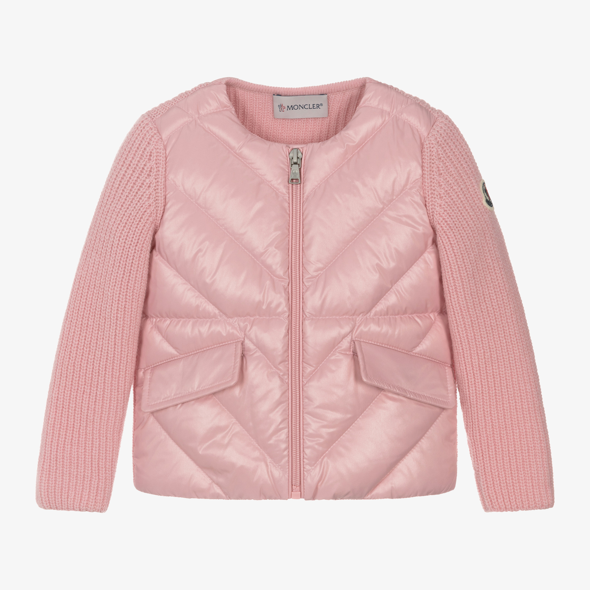 Moncler Enfant Girls Pink Down-Padded Wool Cardigan Childrensalon
