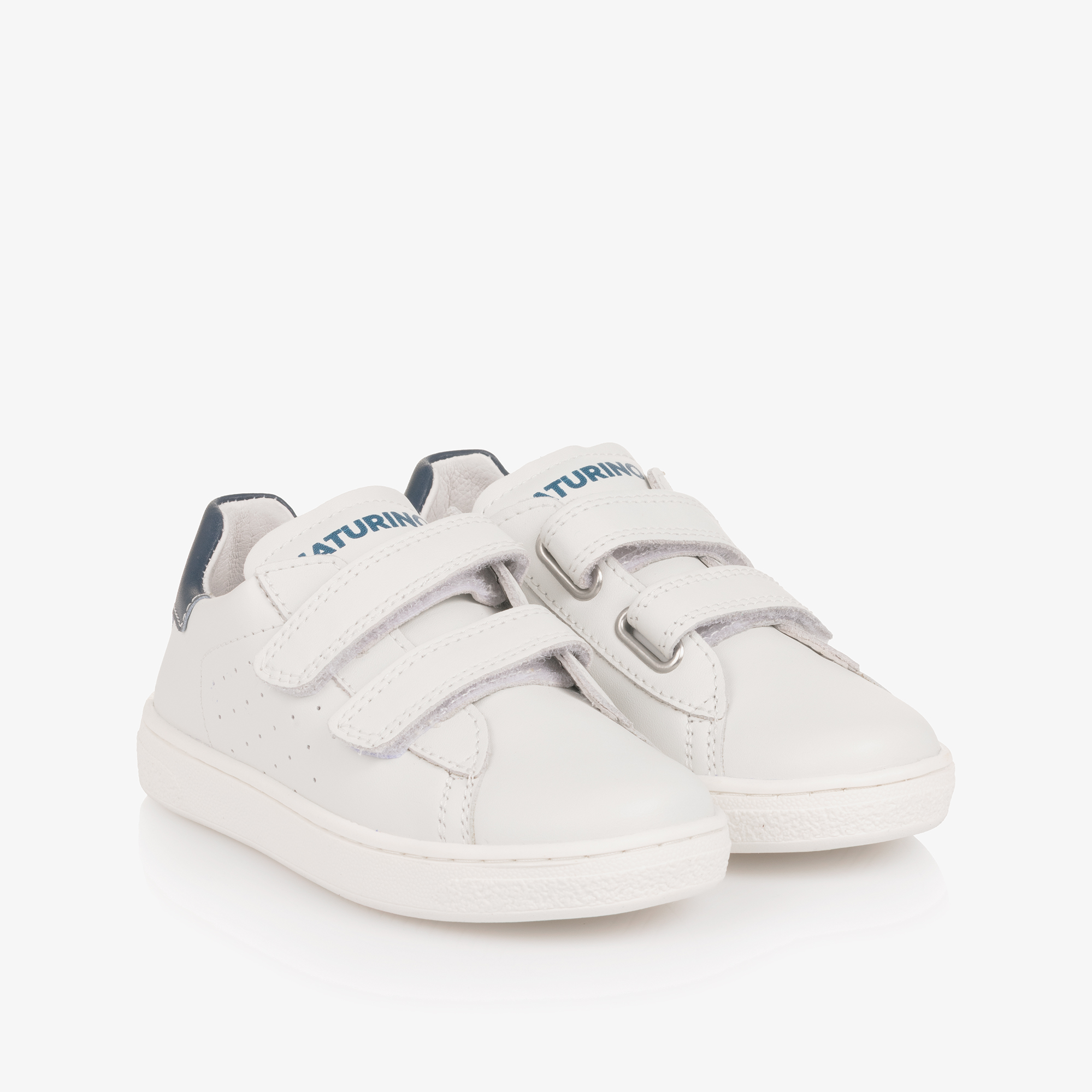 Naturino White Leather Velcro Trainers with Blue Trim