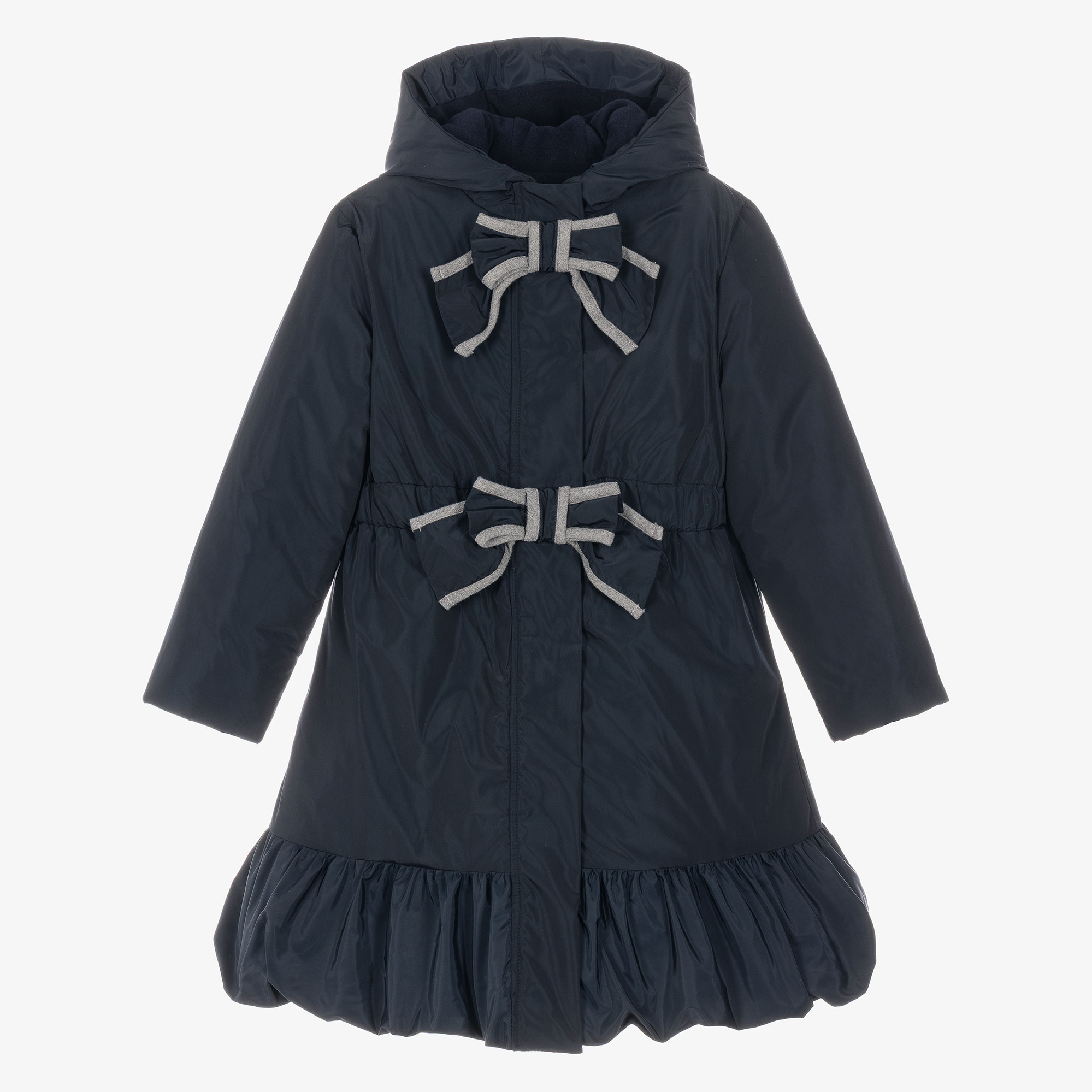 Patachou - Girls Navy Blue Padded Coat with Grey Bows | Childrensalon
