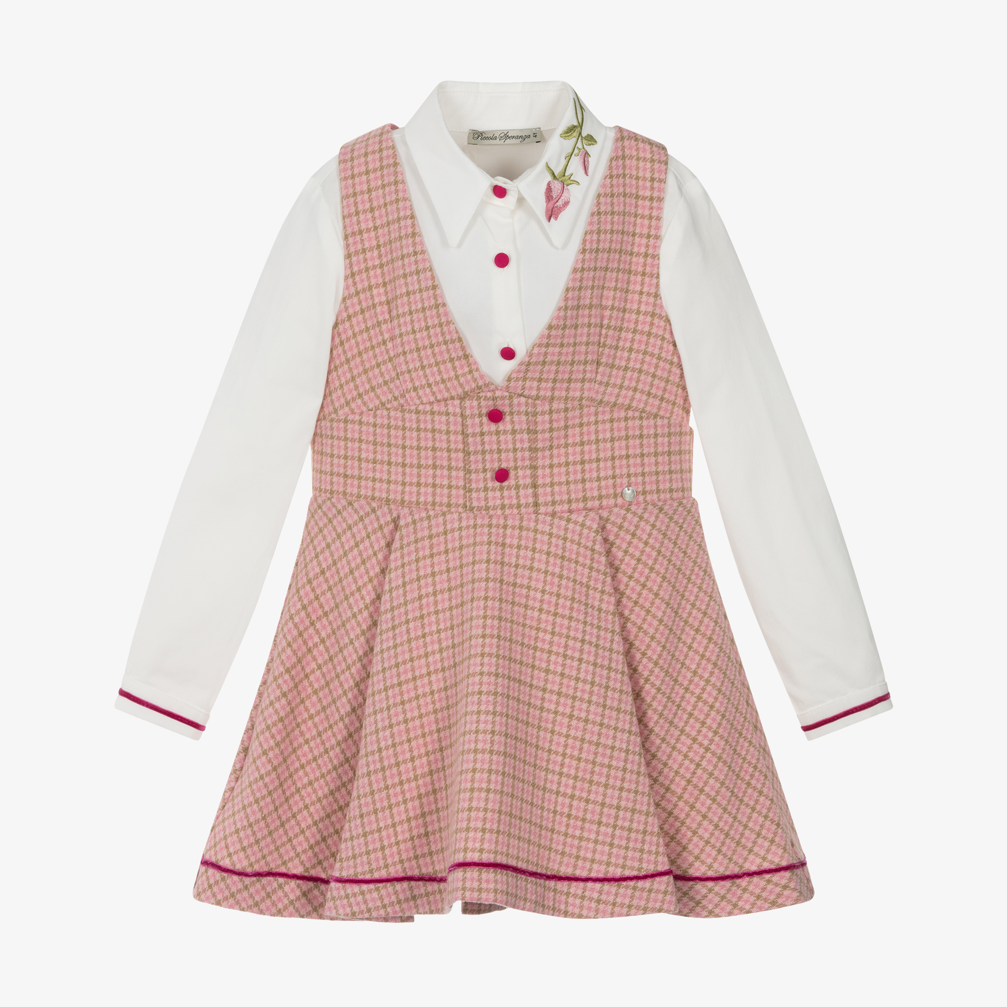 Piccola Speranza Girls Pink Check Pinafore Dress Blouse Set