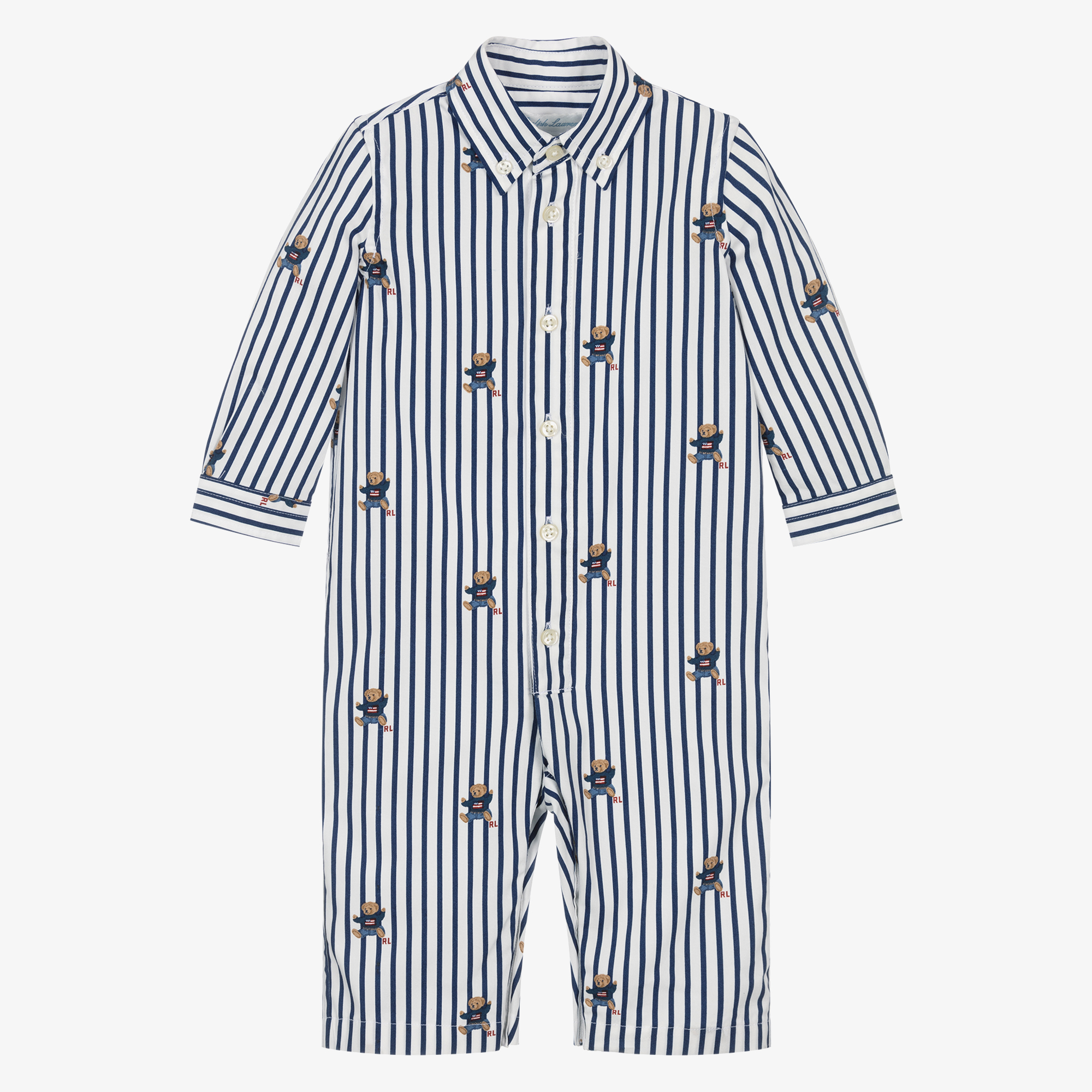 Ralph Lauren Baby Boys Blue Stripe Cotton Romper with Polo Bear