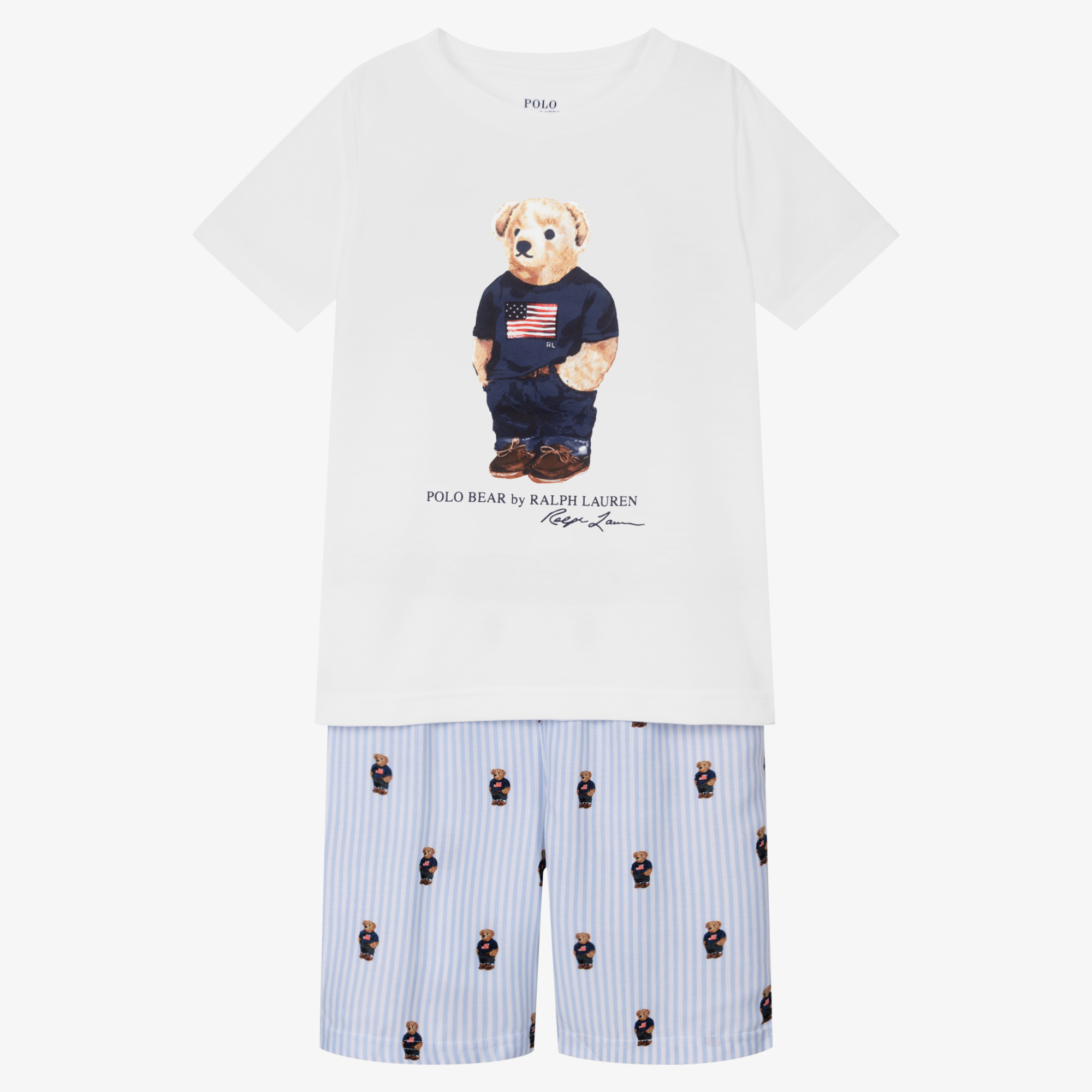 Ralph Lauren - Boys Blue Striped Cotton Polo Bear Pyjamas | Childrensalon