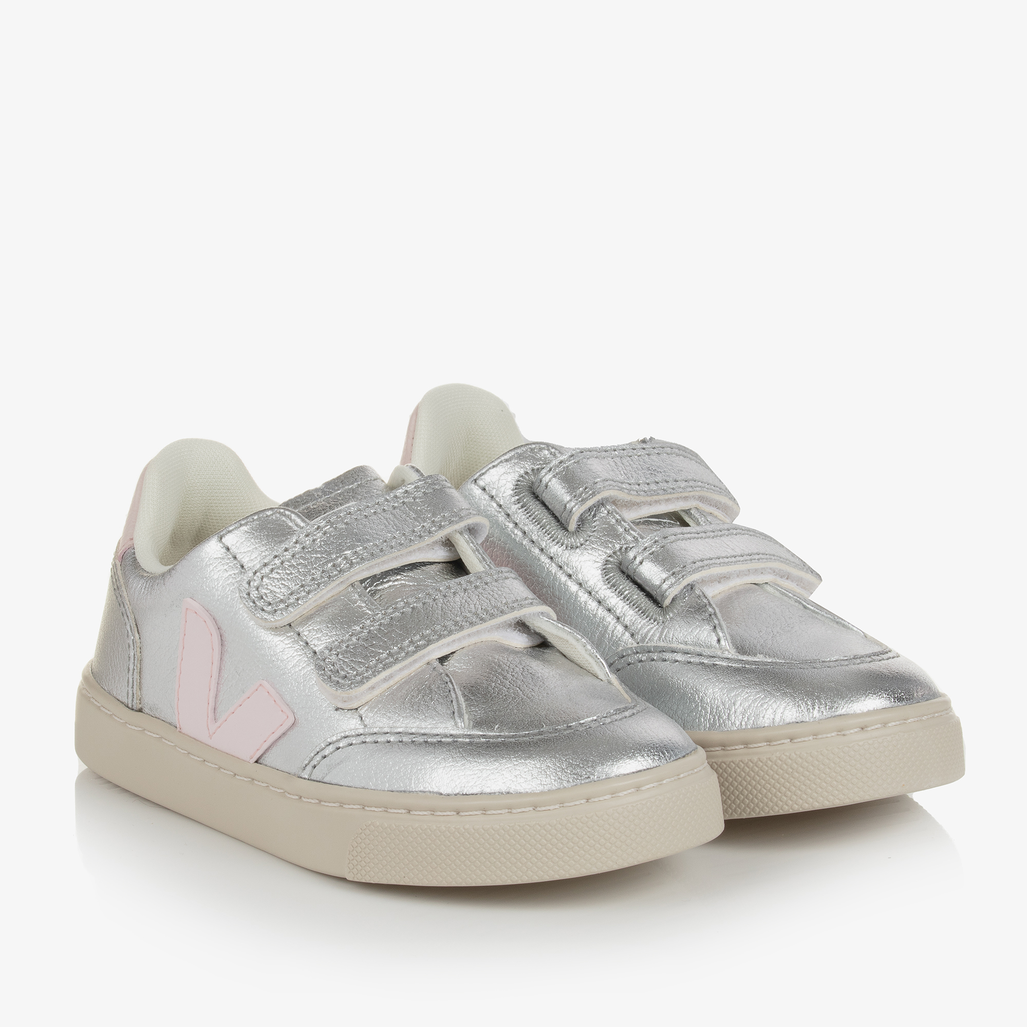 VEJA Girls Silver Pink Leather V-12 Trainers Childrensalon