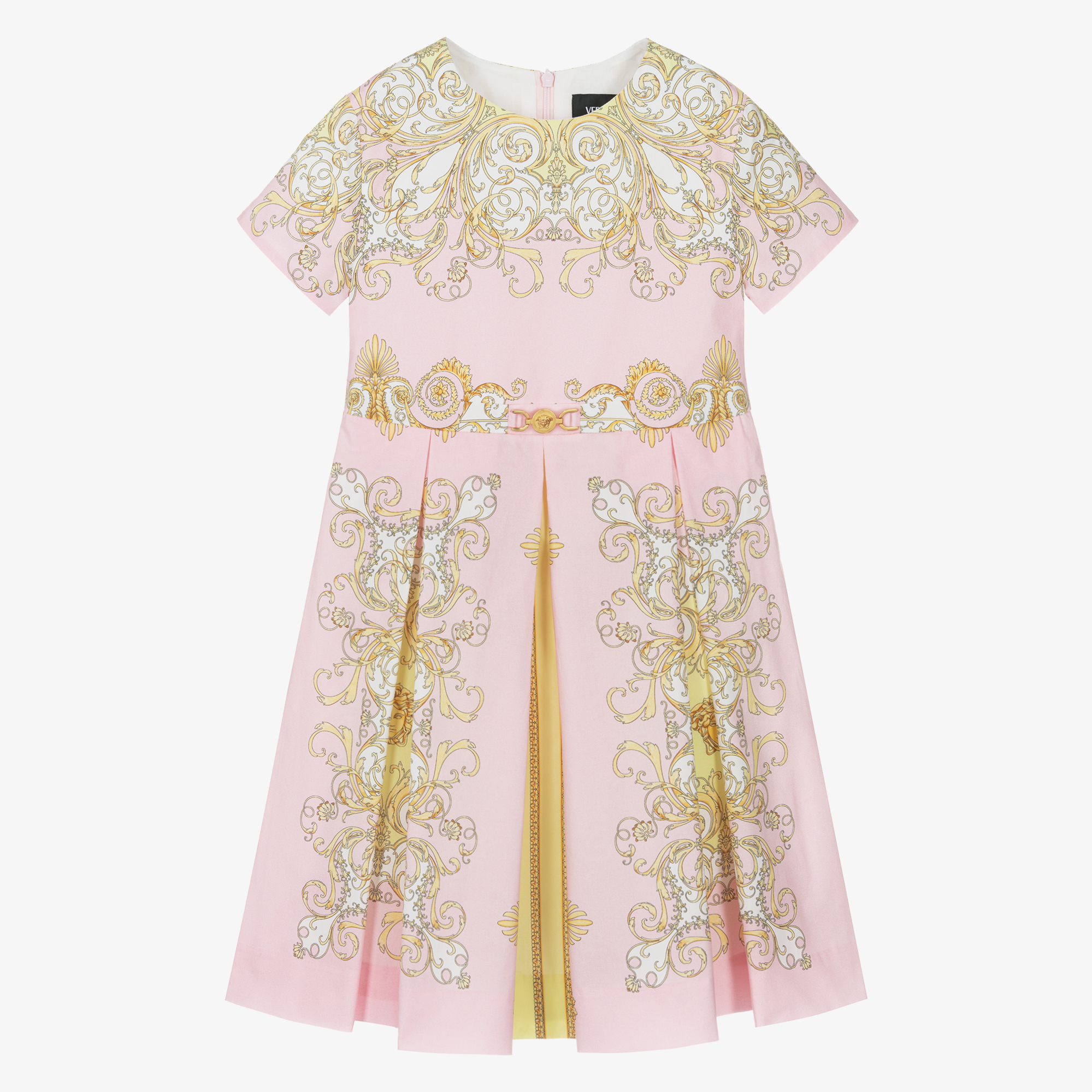 Versace - Girls Pink & Gold Barocco Dress with Medusa '95 Hardware |  Childrensalon