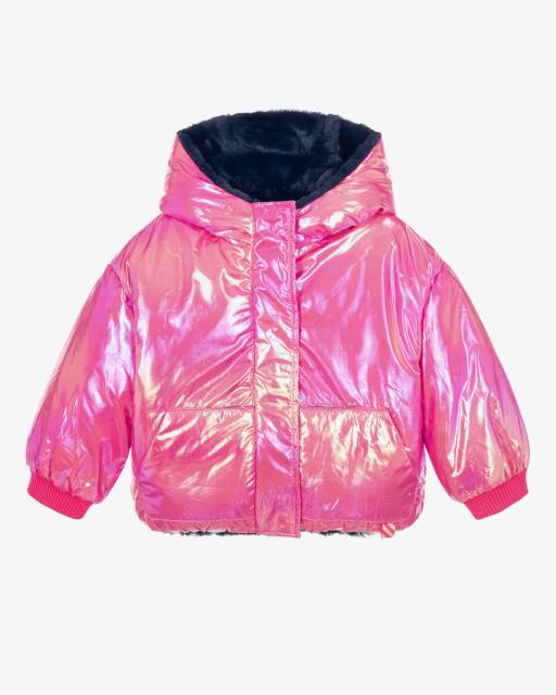 Billieblush-Girls Iridescent Pink & Navy Blue Plush Reversible Jacket | Childrensalon