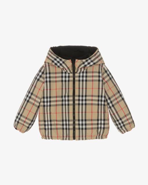 Burberry-جاكيت بغطاء رأس بنقشة مربعات لون بيج وأسود | Childrensalon
