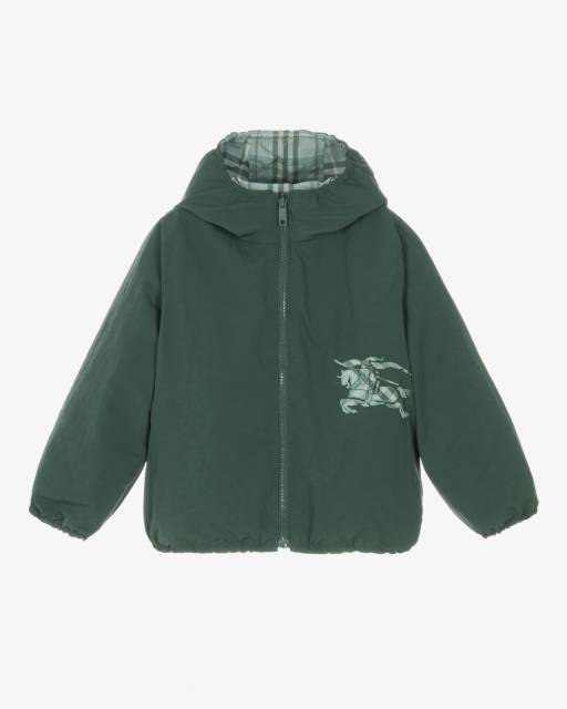 Burberry-Boys Reversible Green Check Hooded Jacket | Childrensalon