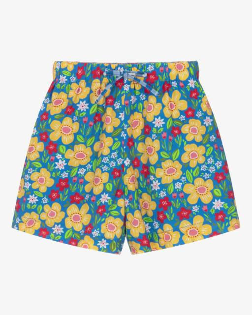 Frugi-Girls Blue Gingham & Floral Reversable Organic Cotton Shorts | Childrensalon