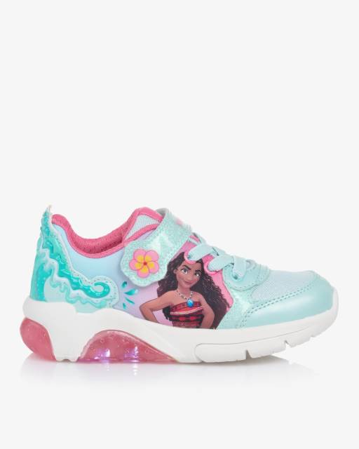 Geox-Girls Glittery Aqua Blue & Pink Disney Moana Light Up Trainers | Childrensalon