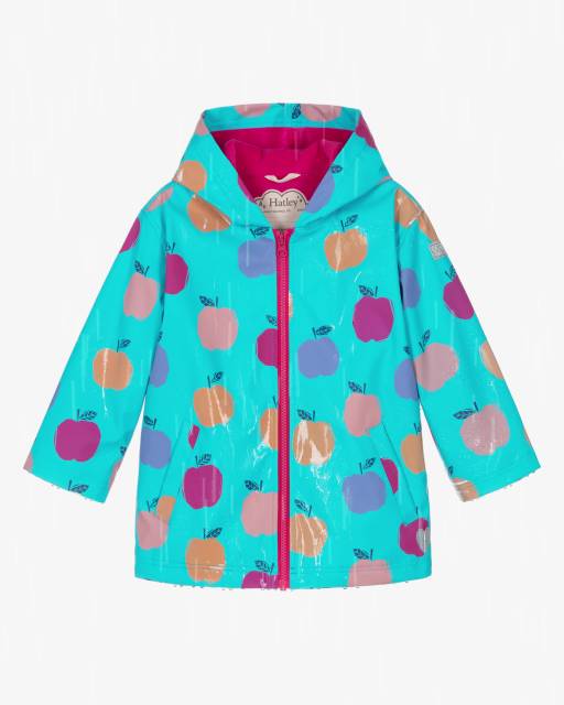 Hatley-Girls Turquoise Blue Colour Changing Apple Print Raincoat | Childrensalon