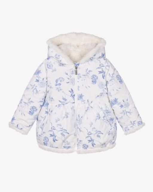 Lapin House-Girls Reversible Blue Floral & Faux Fur Coat | Childrensalon