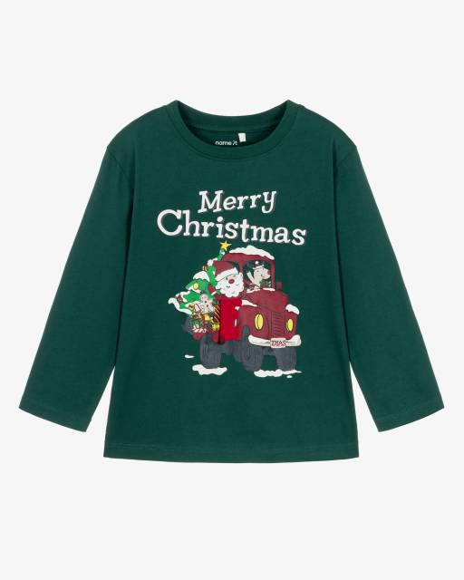 NAME IT-Boys Dark Green Cotton Santa Top | Childrensalon