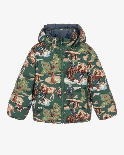 Stella McCartney Kids-Boys Green Reversible Puffer Jacket with Western Theme | Childrensalon