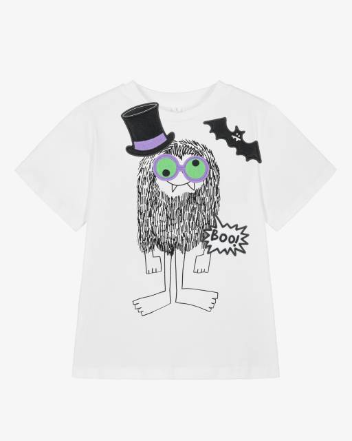 Stella McCartney Kids-Boys White Monster T-Shirt with Halloween Velcro Patches | Childrensalon